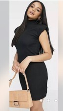 I Saw It First Size 8 Black Rib High Neck Bodycon Dress W/ Shoulder Pads RRP £15