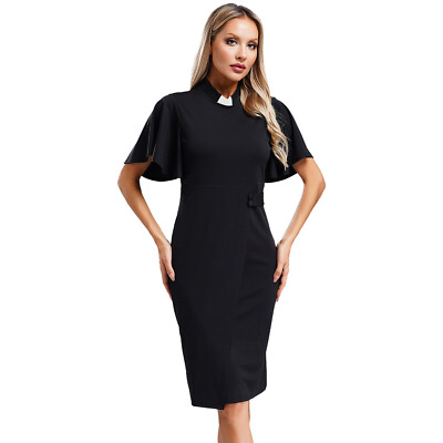 chinese dress ladies CAMDOM Church Clergy Dress for Women 3/4 Sleeve Irregular Ruffle Pencil  Dress with Tab Collar Black at Amazon Women's Clothing store main image 0