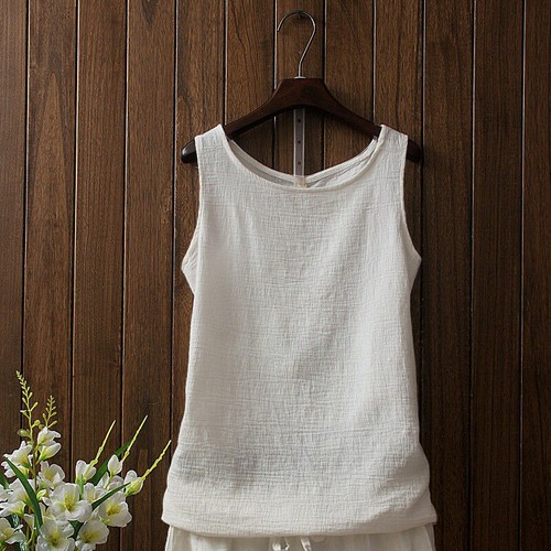 Women Linen Cotton Vest Sleeveless Top Retro Strap Camisole Tee Shirt Tank Top - Picture 15 of 18