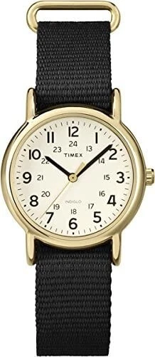 Timex Weekender Black Slip Thru Strap Gold Tone Case Indiglo 31mm Watch T2P476