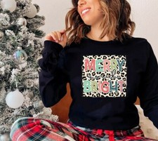 NEW Merry and Bright Christmas Leopard Cheetah Design T-Shirts Sweatshirts S-3X