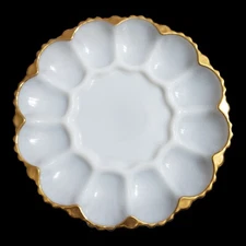 Anchor Hocking 1950s Fire King Milk Glass Deviled Egg Oyster Plate Dish 22K Trim