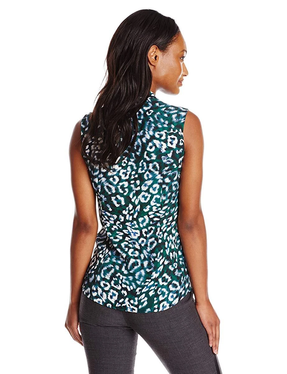 New $110 Anne Klein Women's Green Blue Leopard-Print Bow Blouse Top Size 6