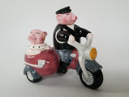 Clay Art Smiling Pig Figurines Motorcycle Sidecar Salt Pepper Shakers Nodder