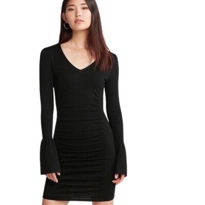 Express V-Neck Bell Sleeve Ruched Sweater Midi Dress Black