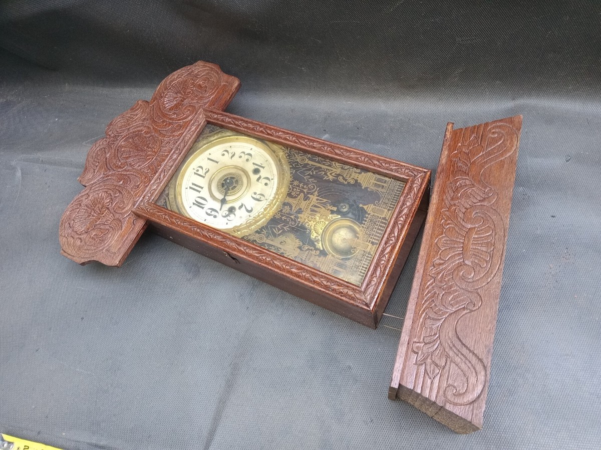 1900's NEW HAVEN Gingerbread Oak Wood Mantel Wind-up Clock PARTS