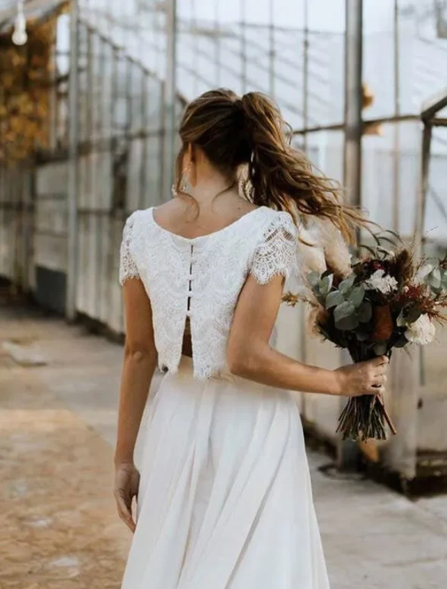 Two Piece Bohemian Wedding Dresses A Line High Low Lace Chiffon Boho Beach Brida - Image 3 of 4