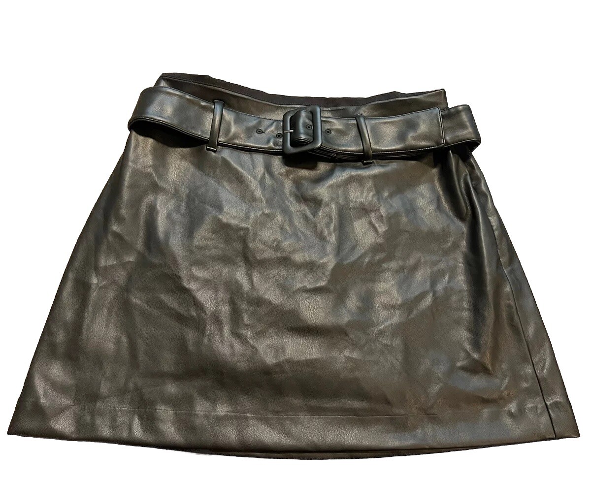 Express High-Rise Black Faux Leather Mini A Line Skirt Belted Size