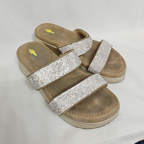 Volatile Sandals Tan Rhinestone Double Strap Platform Wedge Size 7