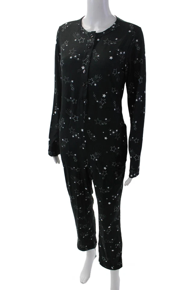 Mason Grey Womens Star Print Long Sleeve Sleepwear One Piece Black Size S - Image 2 of 4