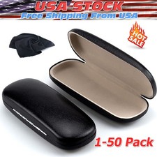 NEW Clam Shell Hard Eyeglasses PU Glasses Case Black w/Microfiber Cleaning Cloth