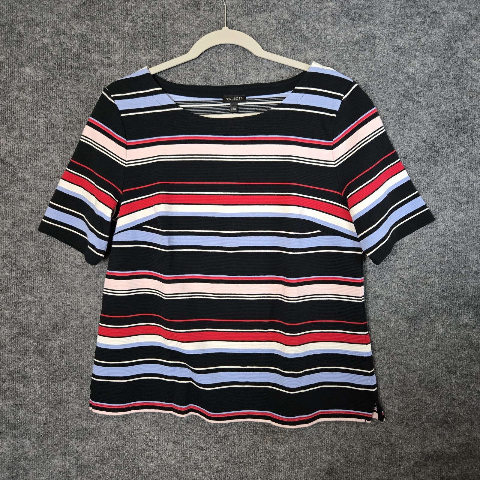 Talbots Sweater Womens L Blue Multi Color Stripe Ribbed Short Sleeve Office