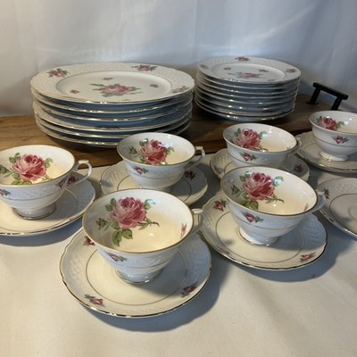 Bavaria Schumann Arzberg Germany Pink Rose Set Of 6 Lg/Sm Plate, Teacups/saucer