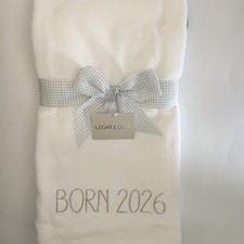 NEW Baby Blanket White Plush Embroidered “Born 2026” Neutral Color