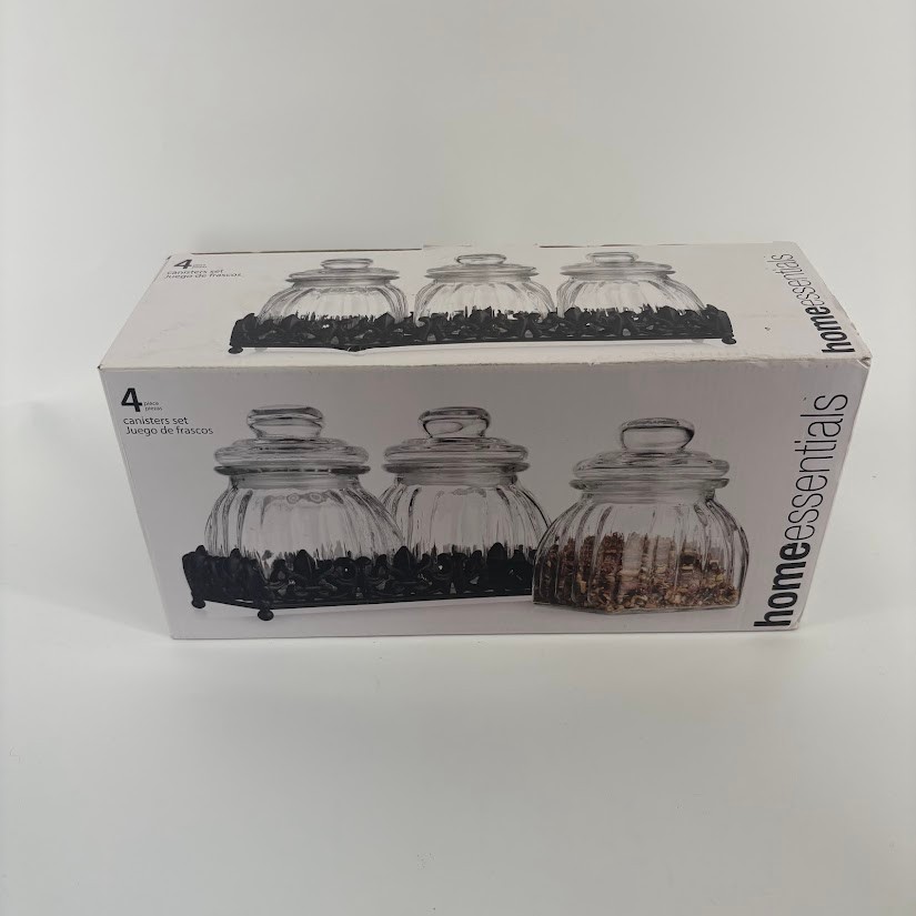 Home Essentials by Kirklands NIB 4 Canisters set Glass Sealed Lid Metal Tray