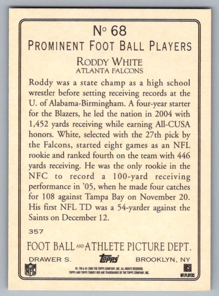 2006 Topps Turkey Red Roddy White Atlanta Falcons #68 - Image 2 of 2