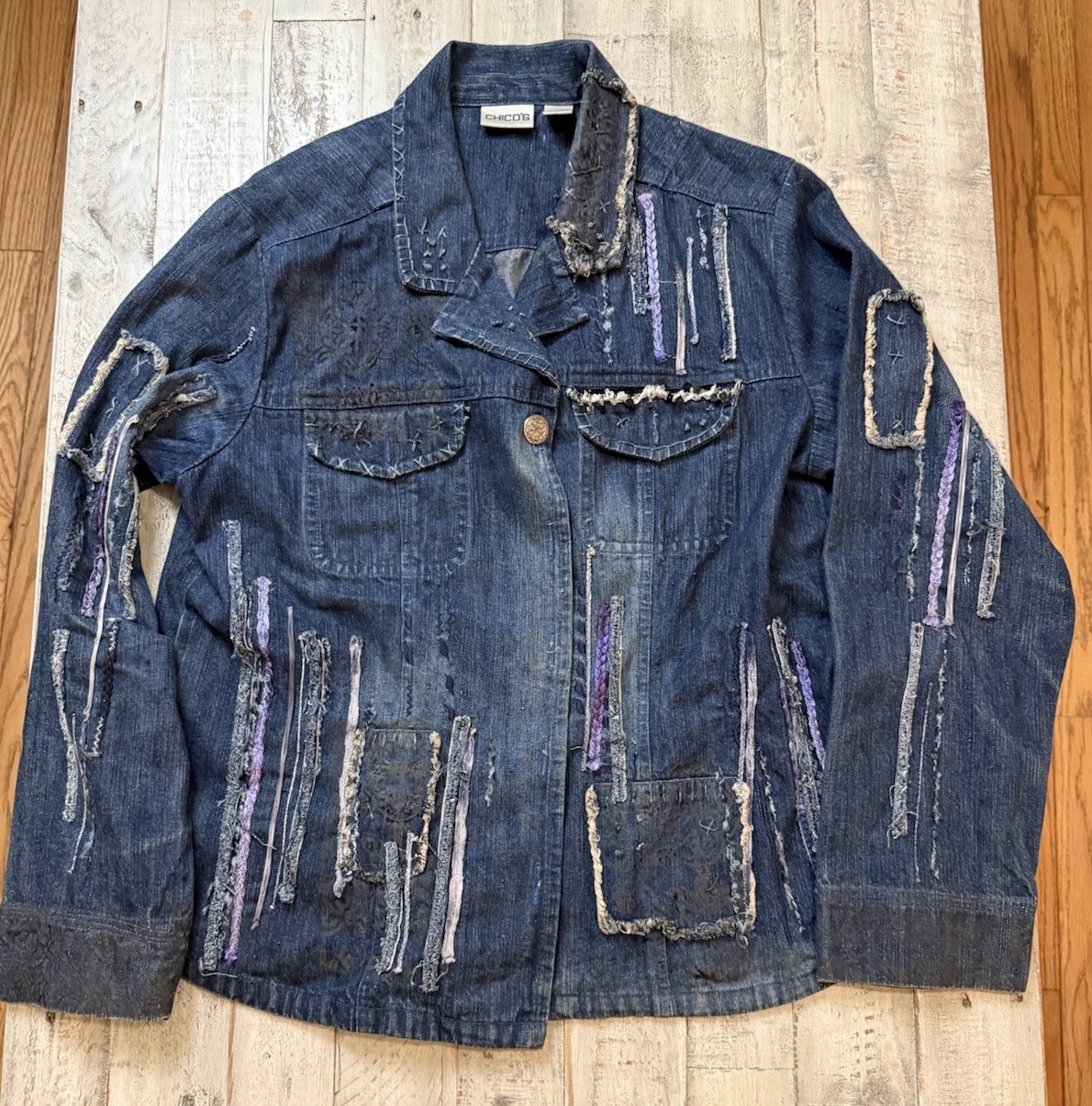 Chico’s Patchwork Denim Jacket Size 2  Boho Jean … - image 1