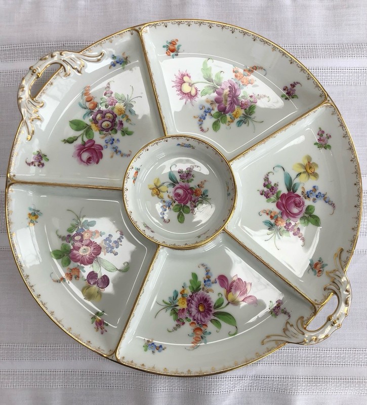 Antique Dresden  Sectional Platter With Center Dip Bowl