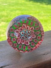 Vtg Paperweight Concentric Millefiori Cane Flowers Murano Style Red Blue Green
