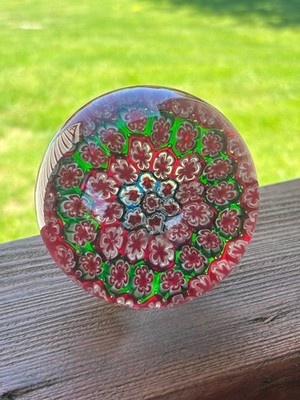 Vtg Paperweight Concentric Millefiori Cane Flowers Murano Style Red Blue Green
