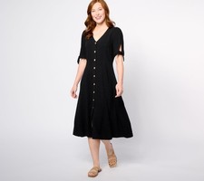 Susan Graver PURE Regular Linen Blend Tie Sleeve Midi Dress Black L New