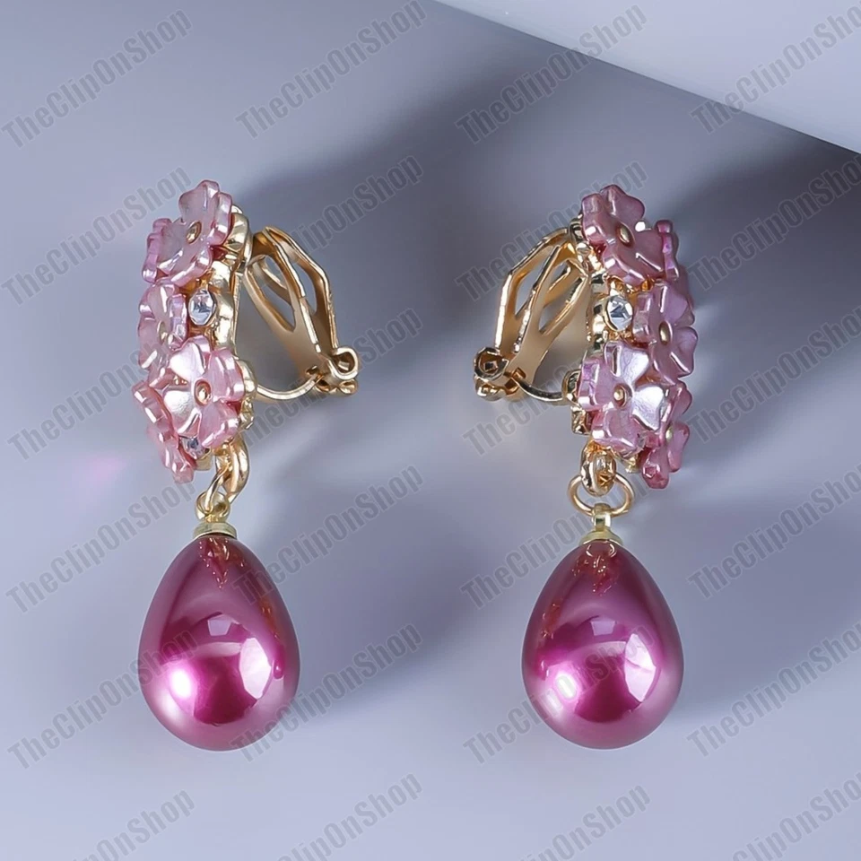 CLIP ON 3.5cm RETRO FLOWER big faux pearl drop EARRINGS gold tone VTG STYLE - Image 4 of 4