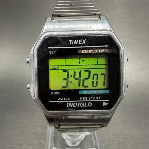 Timex Digital Watch Men 36mm Black Dial Silver Tone Alarm Chronograph NewBat VTG