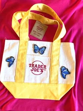 butterflies on Trader Joe’s mini tote bag all cotton sturdy yellow 10" x 13"