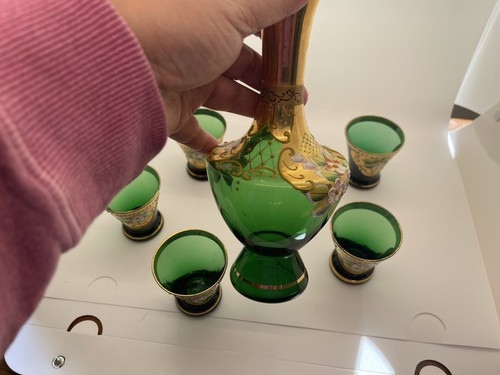 Bohemian Emerald Green Gold Gilt Hand Painted Decanter & 5 Cordials MCM Set - Picture 5 of 23