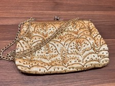 Vintage Gold Satin Beaded Evening Bag Clutch Purse W/Gold Chain