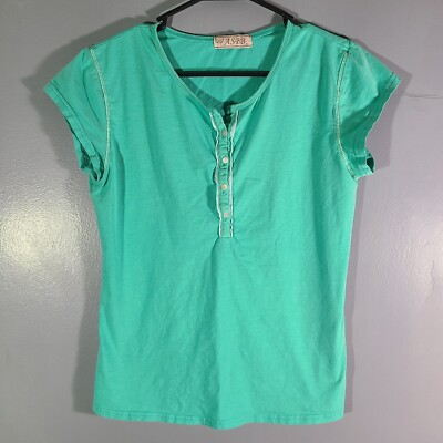 A.S.B.B. Short Sleeve Shirt Women's Sz Small 1/4 Button Up Turquoise Scoop Neck