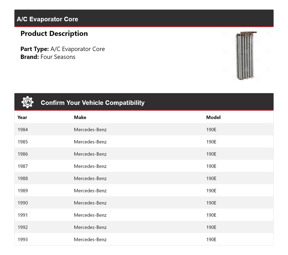 Núcleo evaporador aire acondicionado Mercedes-Benz 190E 1984-1993 4 estaciones 1985 1986 1987 Foto 2 de 4
