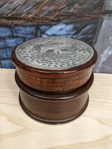 Wood Trinket Box Elephant Round Hand Tooled Embossed Metal on Lid Thailand VTG - Picture 4 of 16