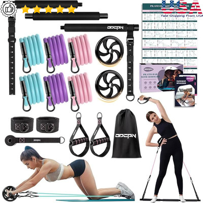 Pilates Bar Kit Resistance Bands Multifunctinal Exercise Bar with Ab Roller US