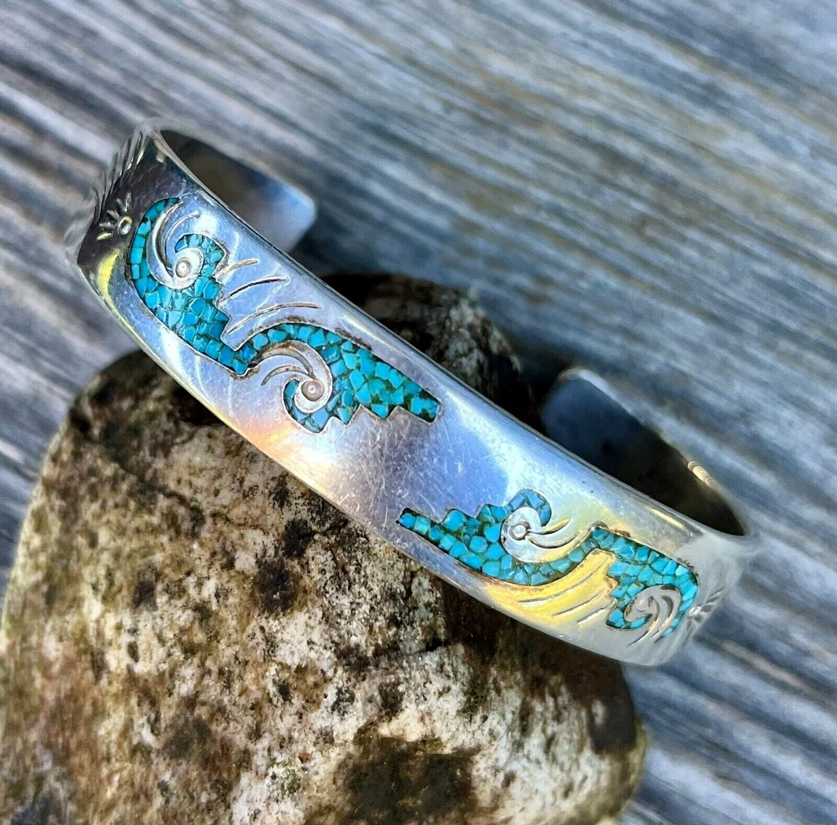 NATIVE NAVAJO STERLING ENGRAVED TURQUOISE INLAY CUFF BRACELET BB BENSON BOYD