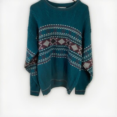 Jantzen Vintage Mens Green Cable Knit Crewneck Sweater Size Large Made In USA