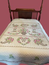 Hand Sewn Embroidered Quilt Hearts Flowers Cornucopia Love Birds Rose Brown 94