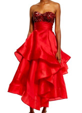MARCHESA Couture Crystal Embellished Red Hi Low Cocktail Midi Tea Gown Dress 8