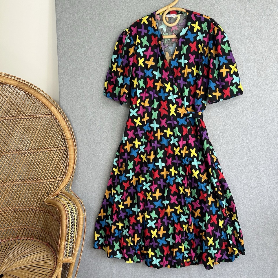 Little Party Dress Size 22 Midi A Line Rainbow Cross Print