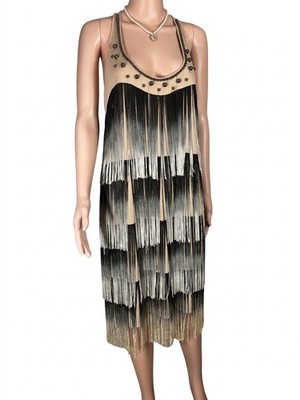 Vtg.-Inspired Muse Ombré Fringe Gatsby Flapper Dress 1920s Blacks/Silver Sz14