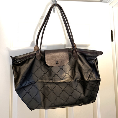 LONGCHAMP GUN METAL MODELE DEPOSE LOGO TOTE PURSE LARGE MADE IN FRANCE