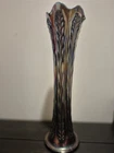 Fenton Iridescent Glass Swung Vase Long Plumes Reliefed Amethyst Carnival Glass