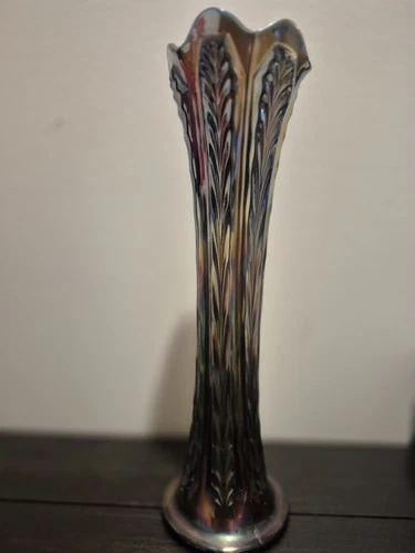 Fenton Iridescent Glass Swung Vase Long Plumes Reliefed Amethyst Carnival Glass