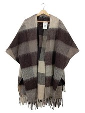 ZARA Damen Poncho Kariert Braun Grau Fransen Wolle Gr. M