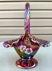 BEAUTIFUL Fenton**HP RED CARNIVAL "DAMASK ROSE" 9"  RIBBED BASKET**2001