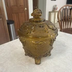 Jeanette Glass 4footed Candy Dish Amber Glass Harvest Grape Pattern With Tag
