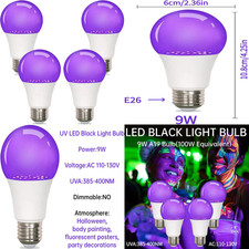 LED Black Light Bulbs 4 Pack, 9W, UV Blacklight Bulb Replace 100W, 385-400nm,A1