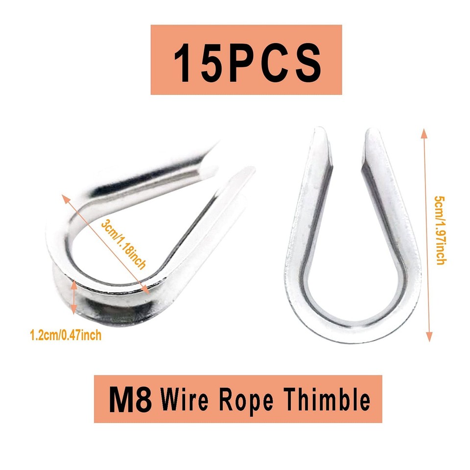 15Pack M8 Stainless Steel Thimble for 5/16 inch Wire Rope Cable ...