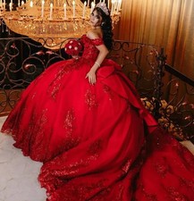 Red Giltter sweet 15 Quinceanera Dresses Off The Shoulder Sequin Bow Princess