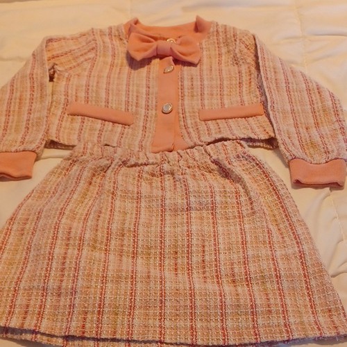 Girls Pink Plaid Tweed 2 Piece Jacket Skirt Set Long Sleeve Bow 5-6 Years